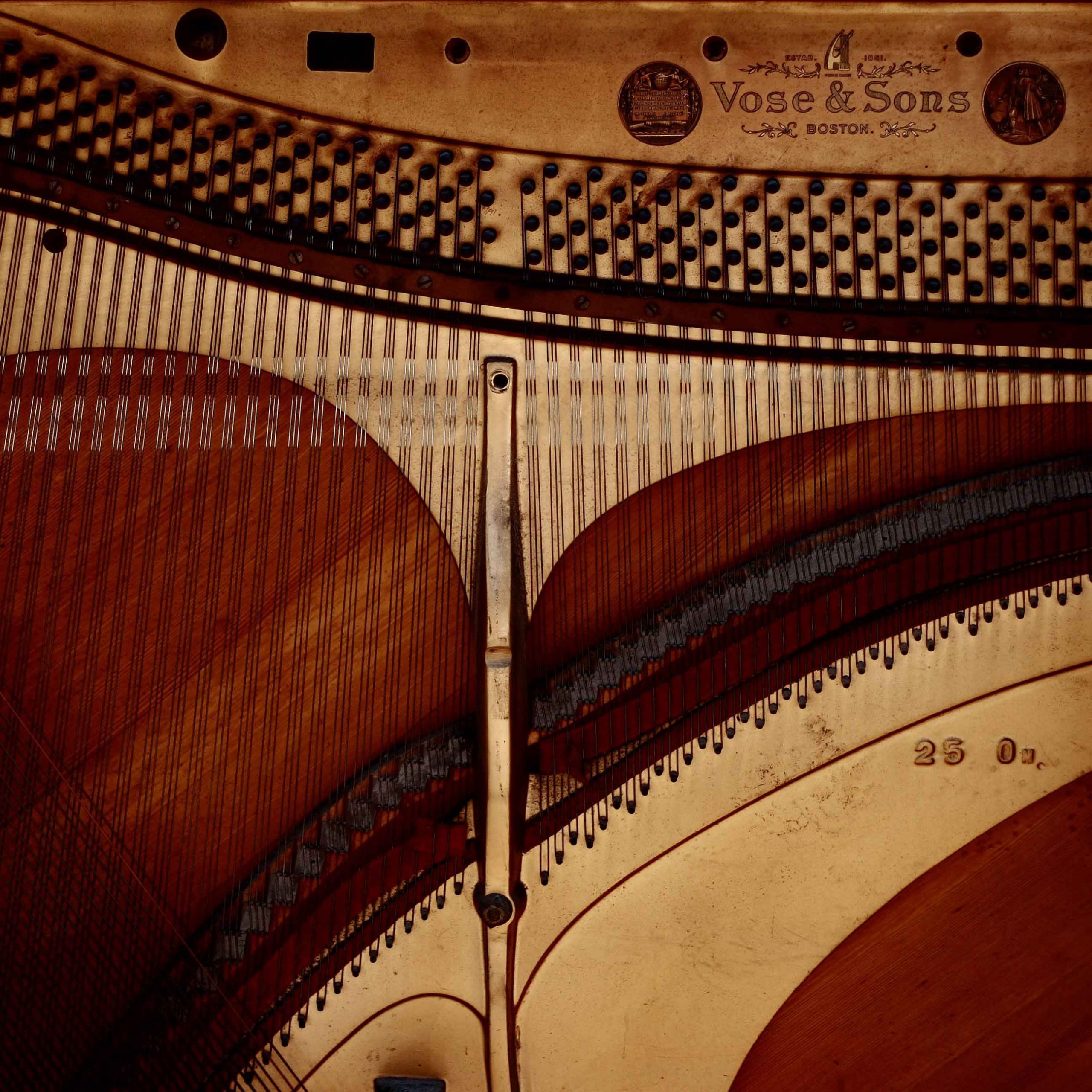 Part of the soundboard (or sounding board) of a Vose & Sons upright piano that has been disassembled.